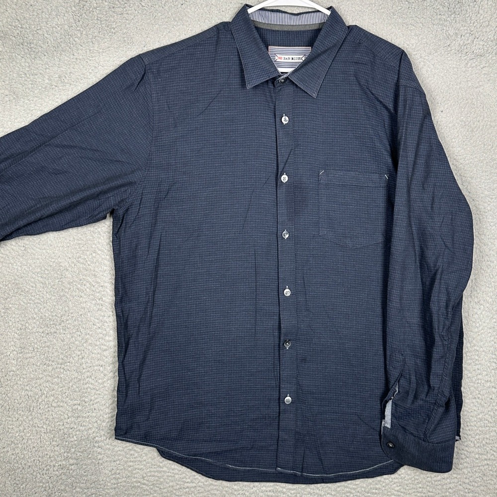 32 Bar Blues Shirt Mens XL Navy Blue Micro Check Long Sleeve Button Down EUC